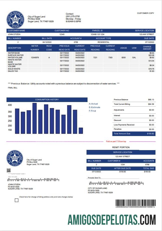 Para baixar modelo de conta de serviços públicos da cidade de Sugar Land dos EUA, Texas, em formato Word e PDF